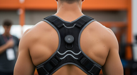 Muscular Man Wearing a Black and Gray Wearable Sensor Device on His Back for Fitness Monitoring