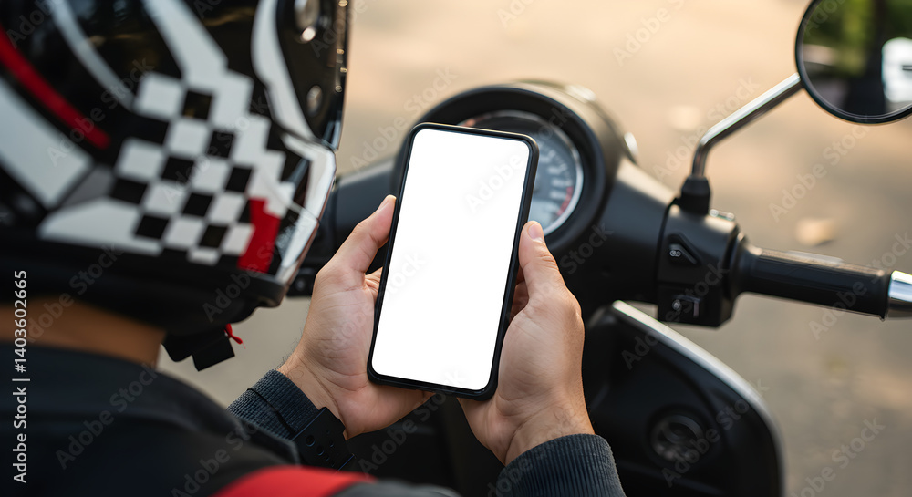 Aufkleber man using smartphone while riding scooter with white display and black and white helmet on a bright 