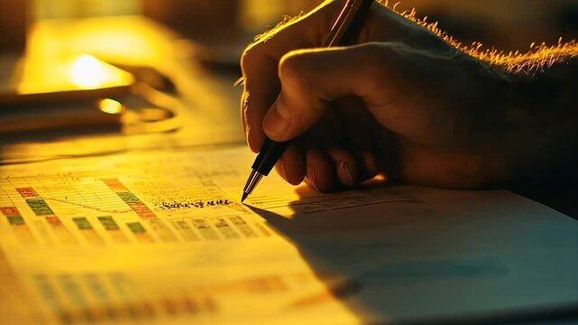 Hand meticulously annotating a financial report under warm light