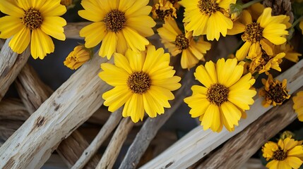 Obraz premium Rustic Coreopsis nature inspired floral art showcasing yellow flowers arranged alongside natural wood elements perfect for an earthy outdoorsy feel