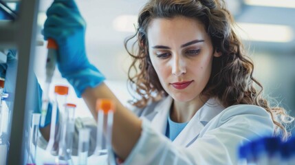 Female scientist pipetting cell samples into test tube at laboratory.

