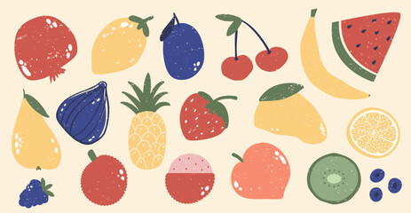 Simple Textured Fruits Illustration Set: Organic Fresh, and Colorful Tropical Fruits Orange, Banana Mango, Watermelon, Apple, Lemon, Cherry, Pear Strawberry Pomegranate, Peach Vegan Healthy, Juicy
