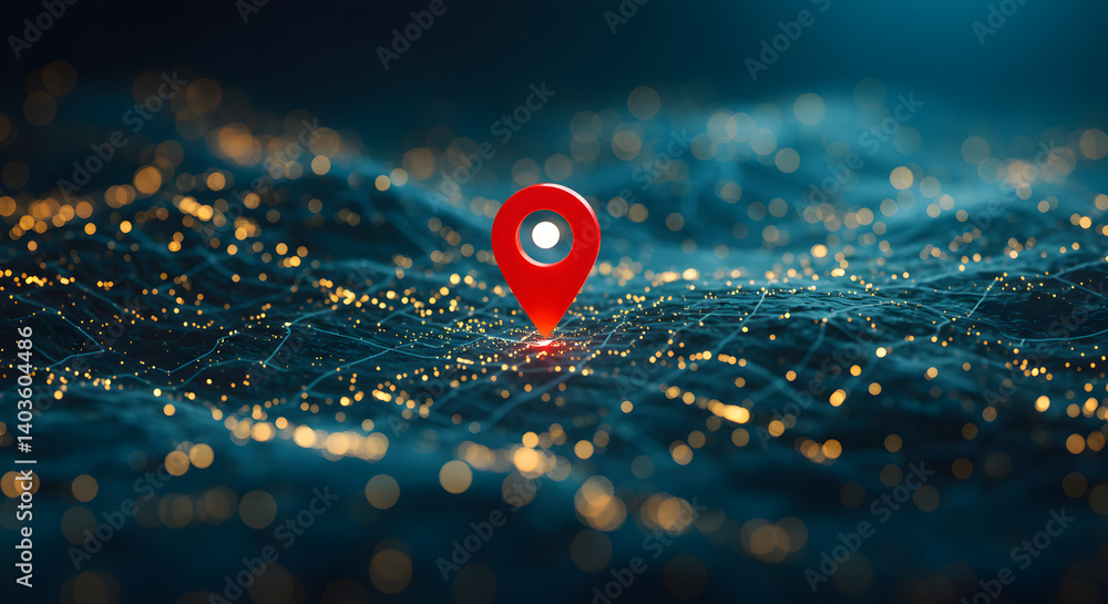 Poster location pointer icon on topographic map showing navigation on abstract dark background