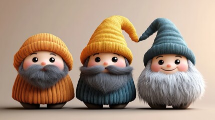Three happy gnomes in warm colors
