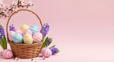 easter eggs in basket with flowers, easter background