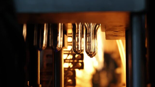 Close up of plastic PET bottle preform heating process in industrial manufacturing machine. Automated industrial PET bottle machine. Robotic system automation in high speed plastic bottle production.