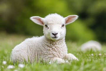 Obraz premium Fluffy lamb in green meadow