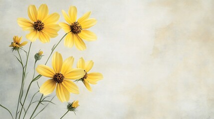 Serene Coreopsis botanical illustration with delicate yellow flowers and subtle background textures ideal for botanical art prints or botanical themed stationery