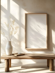 Minimalist Interior Scene with Blank Frame Dried Flowers and Books on Wooden Shelf in Warm Neutral Colors