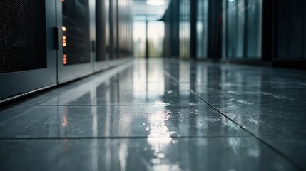 Server Room with Reflective Tile Floor and Equipment Racks