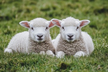 Fototapeta premium Two lambs resting in grassy field