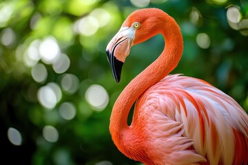 Obraz premium Vibrant flamingo profile, green bokeh background