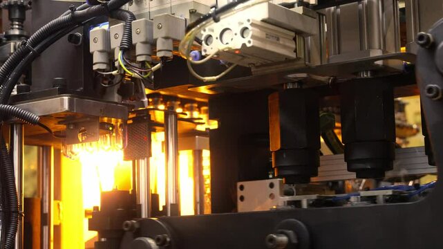 Close up of plastic PET bottle preform heating process in industrial manufacturing machine. Automated industrial PET bottle machine. Robotic system automation in high speed plastic bottle production.