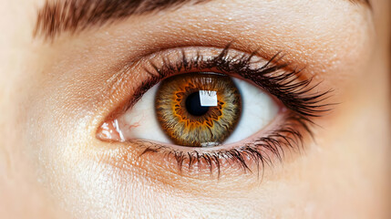 Obraz premium Detailed Close-up Of A Human Eye With Brown And Amber Iris Reflecting Light On A Pale Skin Surface