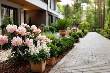 Beautiful landscaped path lined with flowering plants and greenery in a modern garden setting