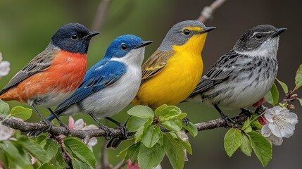 Vibrant Quartet: A Stunning Close-Up of Four Colorful Birds Perched on a Blooming Branch