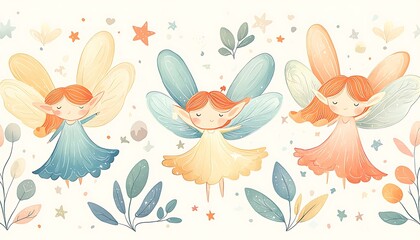 Three Cute Fairies with Floral Design.