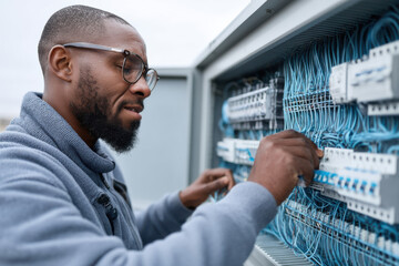 Electrician performing maintenance on wiring system outdoors at a utility facility during daytime