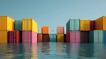 Futuristic floating cargo warehouses surrounded by water in a modern eco friendly ocean city setting  Innovative logistics and transportation concept with space for text overlay