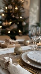 Elegant holiday table setting with christmas tree and ornaments in background.