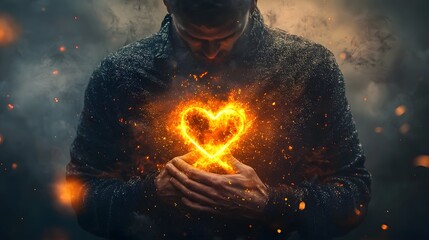 Male figure clutching his chest with a bright radiant heart shaped energy emanating from his body representing emotional or physical pain anguish and inner turmoil