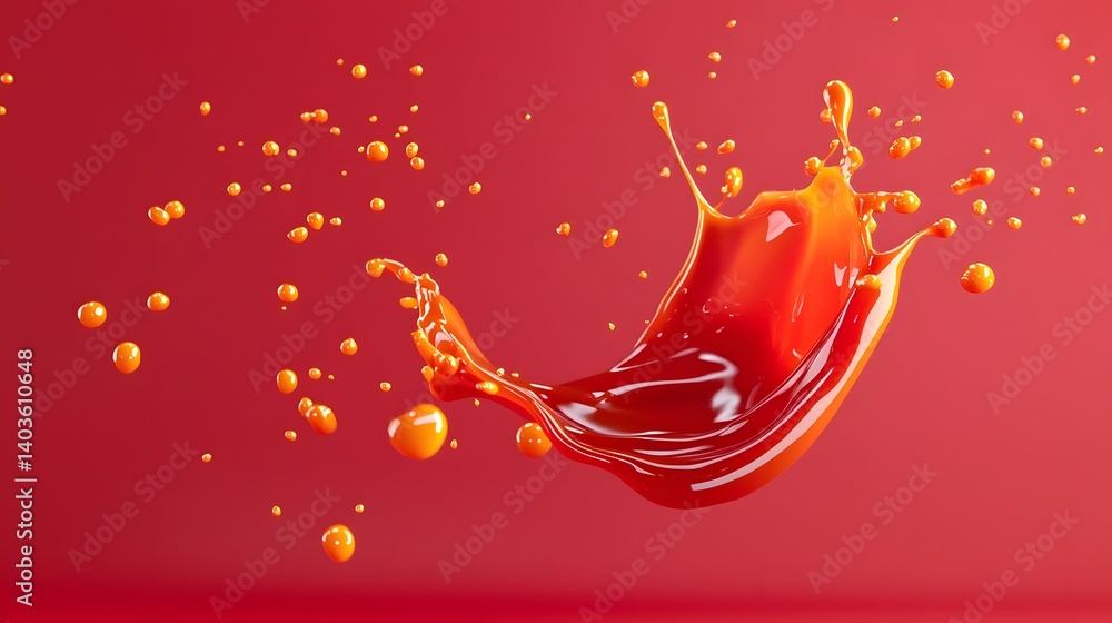 Poster vibrant splash of red ketchup floating mid air with dynamic fluid motion and scattered droplets symb