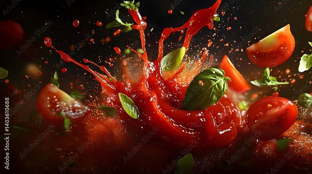 Poster vibrant red ketchup splashing and bursting forth in dynamic mid air motion with scattered droplets c