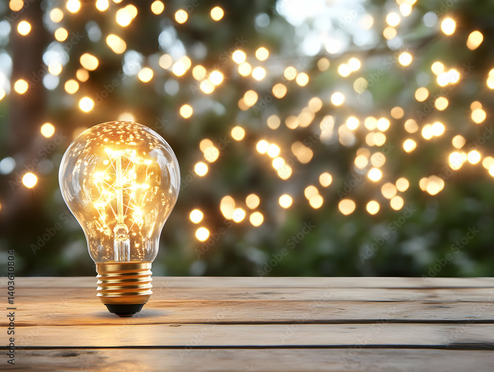Poster lightbulb on wooden table with bokeh lights glowing in a garden background