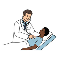 Doctor examining patient: A doctor using a stethoscope to examine a patient lying on an examination table. The illustration is clean and simple.