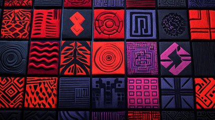 Abstract patterned tiles in vibrant colors and intricate designs.