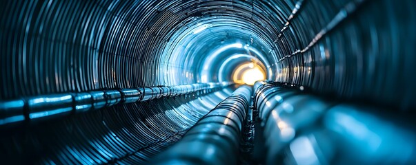 Underwater pipeline transporting goods through an oceanic trade route with a futuristic and abstract blurred motion effect  The image depicts the concept of a high tech efficient