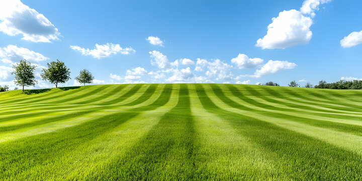 Lush Green Field with Mowed Stripes and Blue Sky with Clouds Landscape on Sunny Day