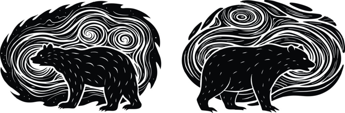 Silhouette vector of a bear standing strong in front of a swirling storm, unfazed, calm expression &mdash; &lsquo;calm mind in chaos&rsquo; concept