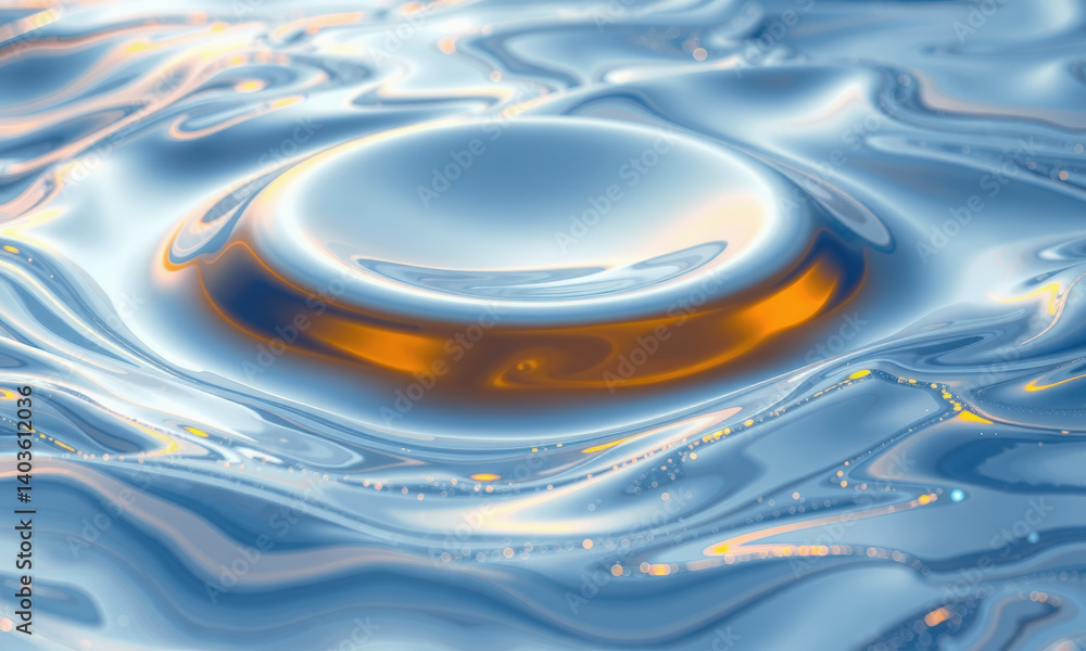 Poster mesmerizing quantum fluid surface with smooth, reflective dome surrounded by gentle waves, creating 