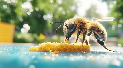 Macro Photo of Honeybee Eating Honeycomb with Golden Light and Blurred Greenery in Background