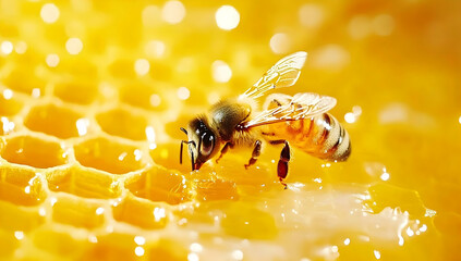 Macro Shot of Bee Collecting Honey on Golden Honeycomb with Beautiful Lighting and Yellow Tones