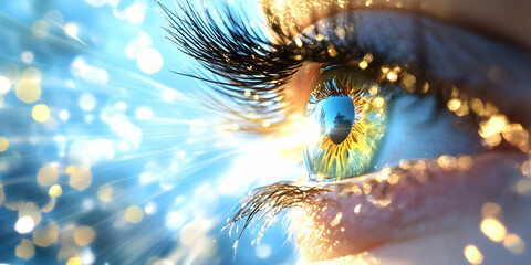 Macro Shot of a Human Eye with Blue Iris and Golden Particle Effects Blurry Background Featuring Intense Gaze and Futuristic Shine