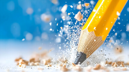 Macro Shot of a Shattered Pencil with Flying Wooden Shavings on Blue Background