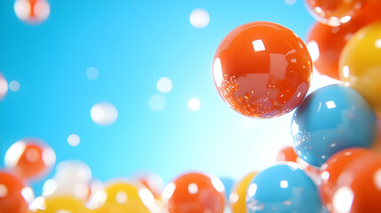 Macro Shot of Blue Orange and Yellow Spheres with Shiny Surface on a Soft Blue Gradient Background