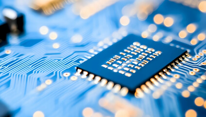 Macro Shot of Blue Electronic Circuit Board with Microchips and Golden Connections in Technology Theme