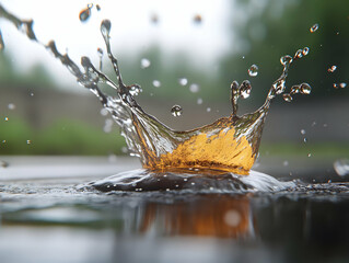 Macro Shot of Circular Water Splash with Yellow Center Fragment Under Bright Lighting on Blurred Green and White Background