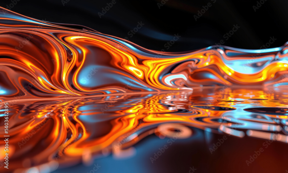 Poster mesmerizing display of fluid dynamics, showcasing vibrant orange and blue hues reflecting on smooth 
