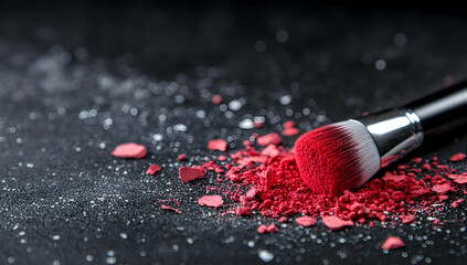 Macro Shot of Red Cosmetic Powder and Makeup Brush on Dark Surface with Scattered Powder