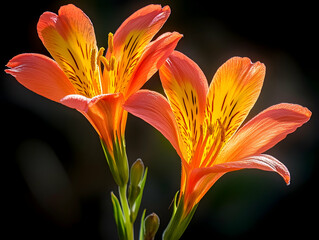 Macro Shot of Vibrant Orange and Yellow Peruvian Lilies with Dark Background and Striking Details with Selective Focus