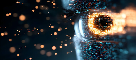 Macro View of Abstract Digital Eye with Glowing Pixels in Blue and Orange Artificial Intelligence and Futuristic Technology