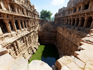 Magnificent Ancient Stepwell Architecture with Intricate Stone Carvings and Green Water Reflecting Heritage Under Bright Sunlight