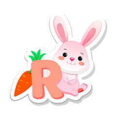 Obraz premium Smiling bunny sitting behind letter R with carrot