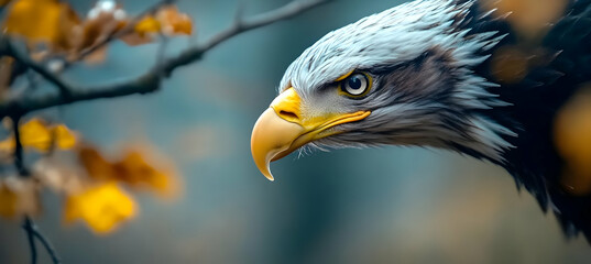 Majestic Bald Eagle Profile with Yellow Beak and Detailed Feathers Against a Neutral Backdrop
