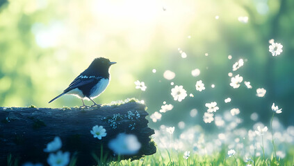 Magpie Perched on Mossy Log Surrounded by White Daisies in Sunny Meadow Pixel Art Style