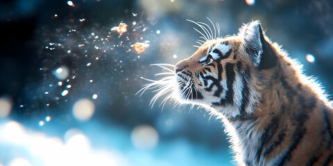 Magnificent Portrait of Striped Tiger with Open Mouth and Whiskers with Cold Breath in Winter Against Defocused Blue Backdrop